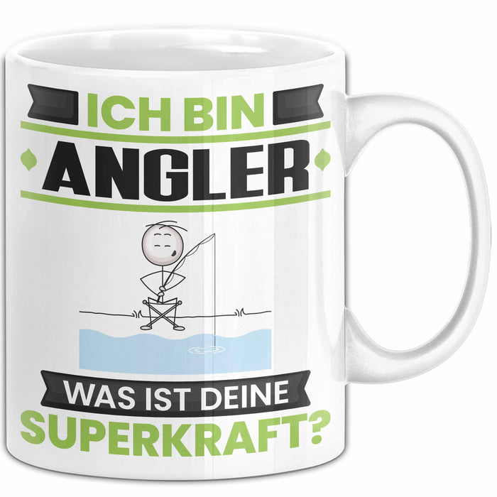 Angler Tasse Geschenk für Angler Geburtstag Lustiger Spruch Kaffee-Becher Was Ist Deine Superkraft Weiß Trendation