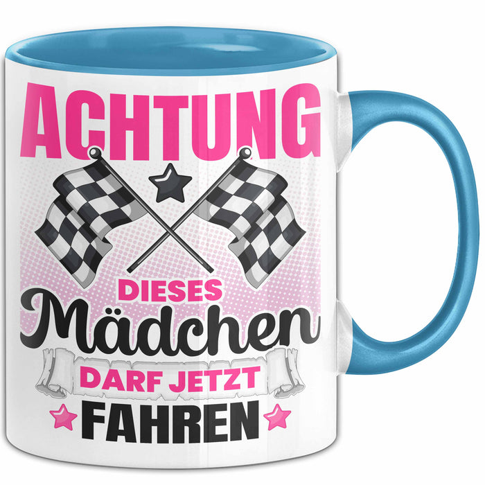 Führerschein Bestanden Geschenk Tasse Bestandener Führerschein Achtung Dieses Mädchen Darf Jetzt Fahren Fahrschule Kaffee-Becher Blau Trendation