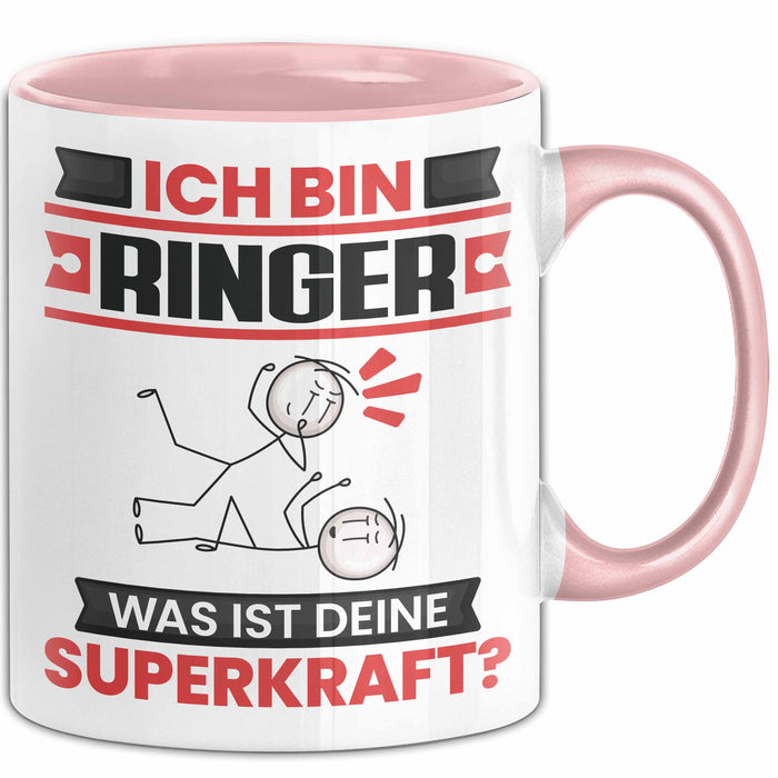 Ringer Tasse Geschenk für Ringer Geburtstag Lustiger Spruch Kaffee-Becher Was Ist Deine Superkraft Rosa Trendation