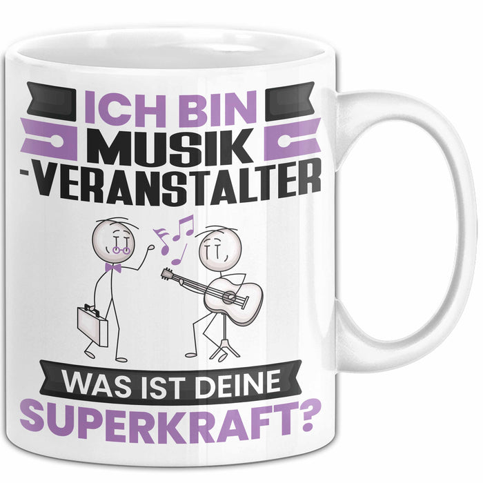 Musikveranstalter Tasse Geschenk für Musikveranstalter Geburtstag Lustiger Spruch Kaffee-Becher Was Ist Deine Superkraft Weiß Trendation