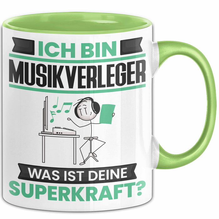 Musikverleger Tasse Geschenk für Musikverleger Geburtstag Lustiger Spruch Kaffee-Becher Was Ist Deine Superkraft Grün Trendation