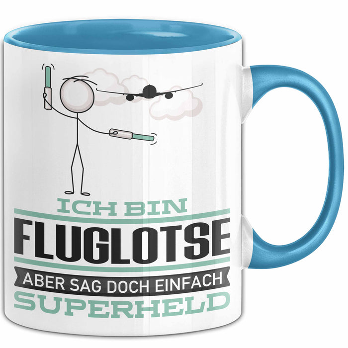 Fluglotse Geschenk Tasse Ich Bin Fluglotse Aber Sag Doch Einfach Superheld Lustige Geschenkdiee für Fluglotse Kaffee-Becher Blau Trendation