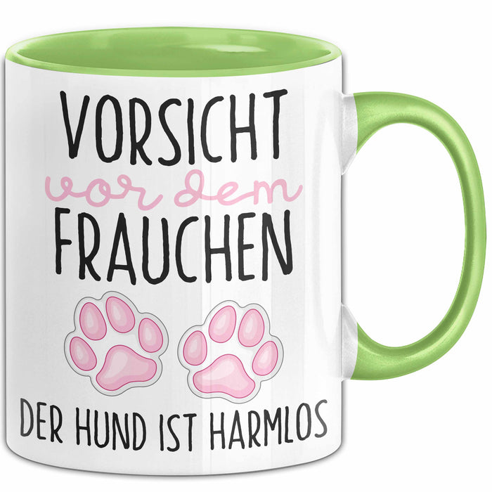 Hundeliebhaber Tasse Geschenk Lustiger Spruch Vorsicht Vor Dem Frauchen Grün Trendation