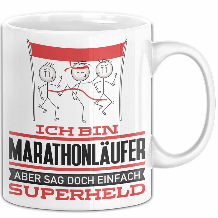 Marathonläufer Geschenk Tasse Ich Bin Marathonläufer Aber Sag Doch Einfach Superheld Lustige Geschenkdiee für Marathonläufer Kaffee-Becher Weiß Trendation