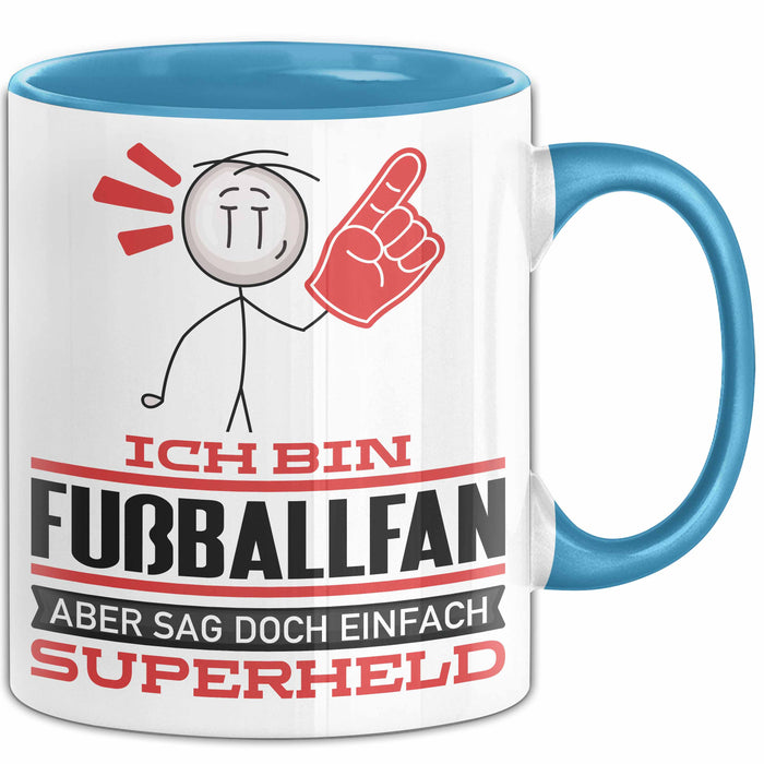 Fußballfan Geschenk Tasse Ich Bin Fußballfan Aber Sag Doch Einfach Superheld Lustige Geschenkdiee für Fußballfan Kaffee-Becher Blau Trendation
