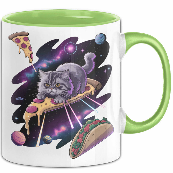 Pizzaesser Tasse Geschenk Katze isst Pizza im Weltall Lustig Grün Trendation