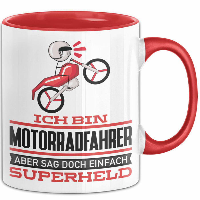 Motorradfahrer Geschenk Tasse Ich Bin Motorradfahrer Aber Sag Doch Einfach Superheld Lustige Geschenkdiee für Motorradfahrer Kaffee-Becher Rot Trendation