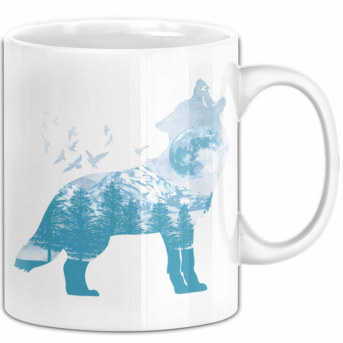 Wolf Tasse Geschenk Heulender Wolf Vögel Mond Silhouetten Geschenkidee Lustig Weiß Trendation