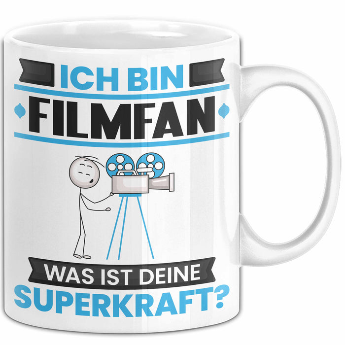 Filmfan Tasse Geschenk für Filmfan Geburtstag Lustiger Spruch Kaffee-Becher Was Ist Deine Superkraft Weiß Trendation