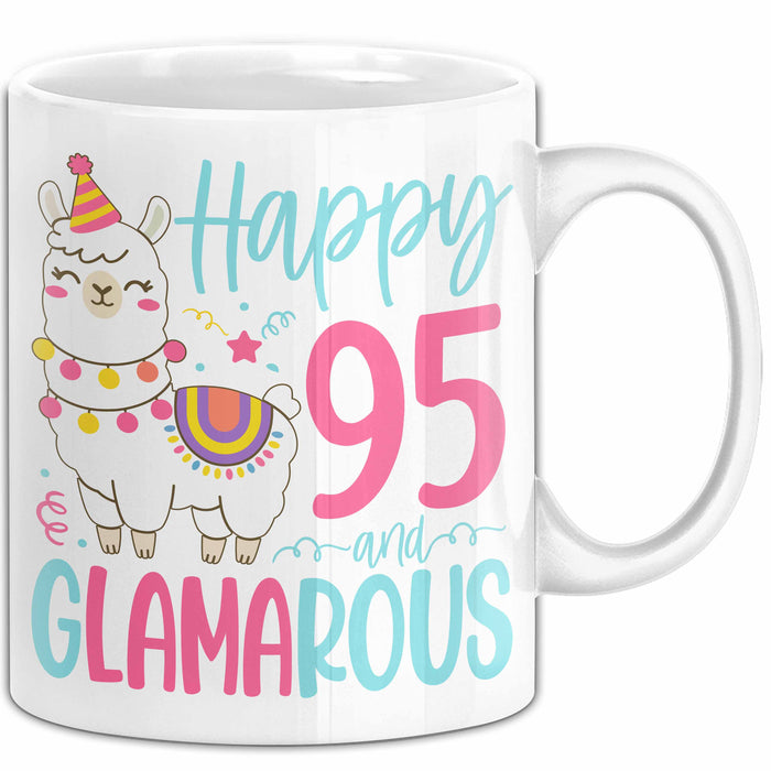 95er Geburtstag Tasse Geschenk Happy 95 And Glamarous Llama Alpaka Liebhaber Geschenkidee zum Geburtstag Weiß Trendation