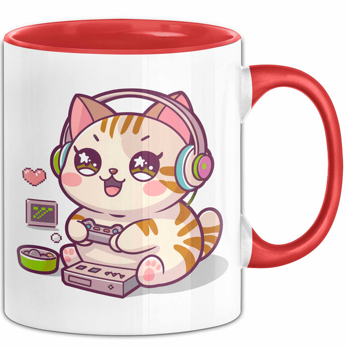 Katze Videospieler Tasse Geschenk Lustige Geschenkidee Rot Trendation