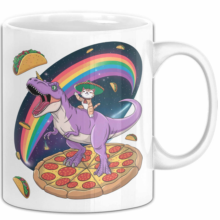 Katzen Tasse Geschenk Katze reitet Dinosaurier & isst Pizza Weiß Trendation