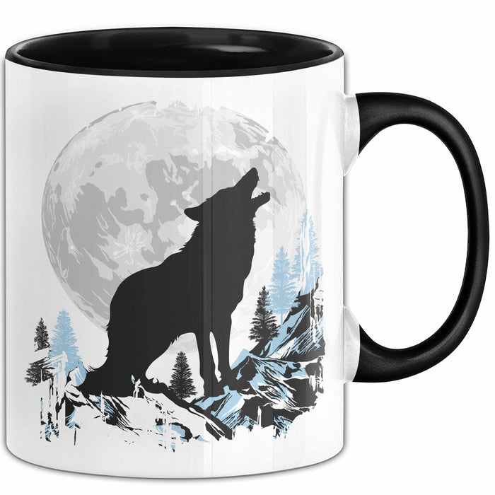Wolf Tasse Geschenk Heulender Wolf Vollmond Grafik Geschenkidee Schwarz Trendation