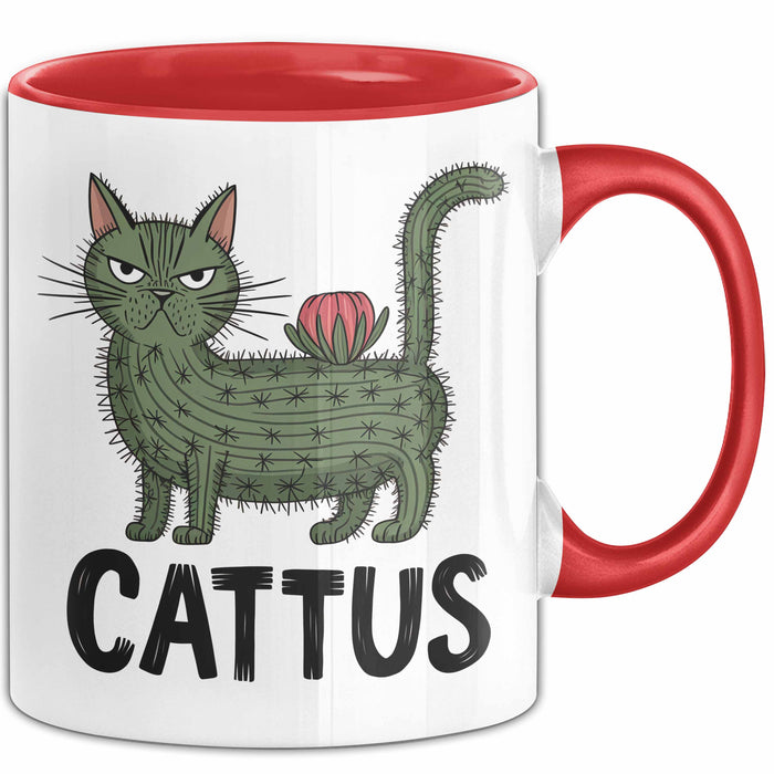Katzen Tasse Geschenk Cattus Kaktus Geschenkidee Lustig Katze Wortspiel Rot Trendation
