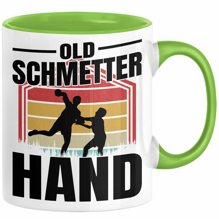 Handball Geschenk Tasse Geschenkidee Handball-Spieler Handballspielerin Mädchen Jungs Kaffee-Becher Old Schmetterhand Grün Trendation