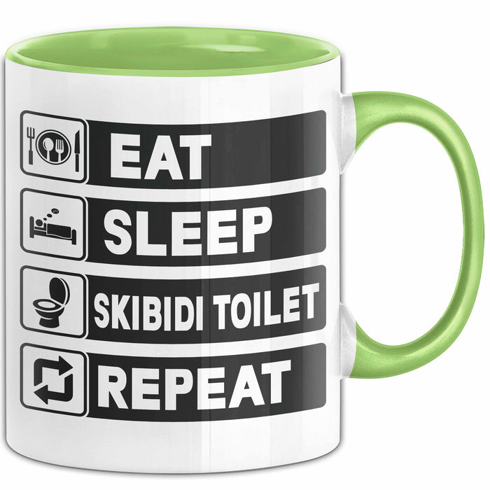 Skibidi Toilet Tasse Geschenk Meme Eat Sleet Repeat Becher Geschenkdiee Grün Trendation