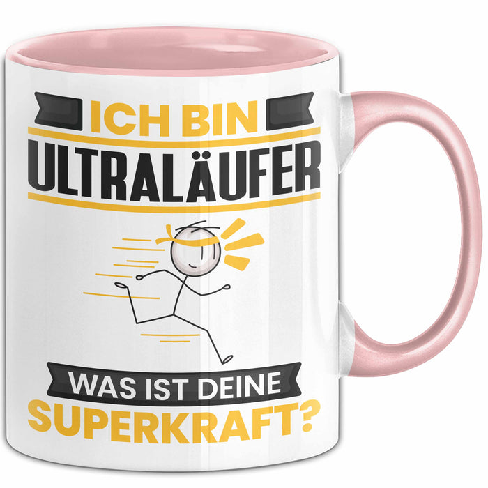 Ultraläufer Tasse Geschenk für Ultraläufer Geburtstag Lustiger Spruch Kaffee-Becher Was Ist Deine Superkraft Rosa Trendation