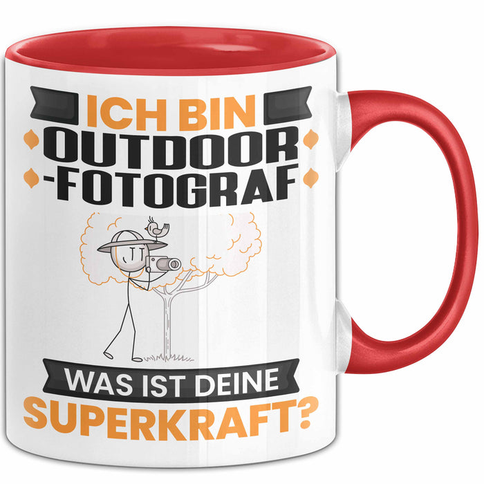 Outdoor-Fotograf Tasse Geschenk für Outdoor-Fotograf Geburtstag Lustiger Spruch Kaffee-Becher Was Ist Deine Superkraft Rot Trendation
