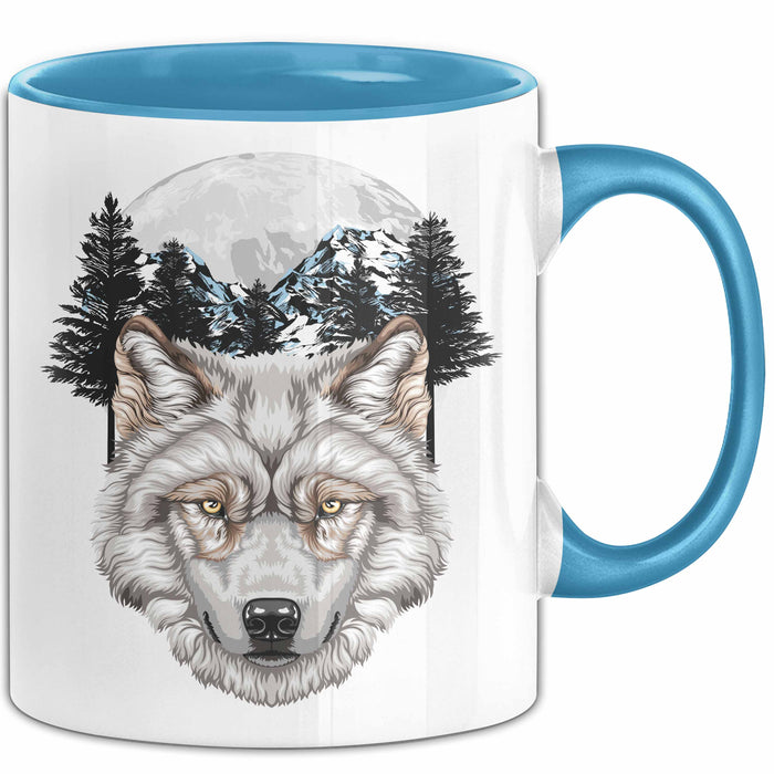 Wolf Tasse Geschenk Realistisch Berglandschaft Vollmond Geschenkidee Blau Trendation