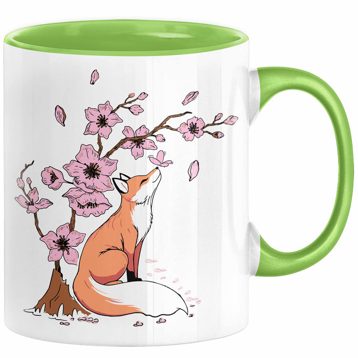 Fuchs Tasse Geschenk Fox Japanese Kirschblüte Blume Vintage Fuchs Kaffee-Becher Grün Trendation