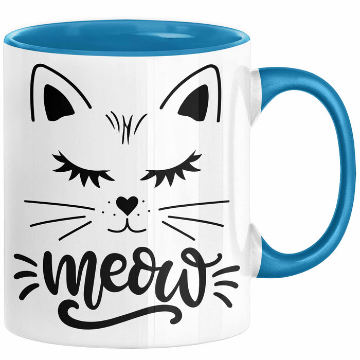 Katzen-Besitzerin Tasse Geschenk Meow Katze Geschenkidee Miau Katzen Mama Kaffee-Becher Blau Trendation