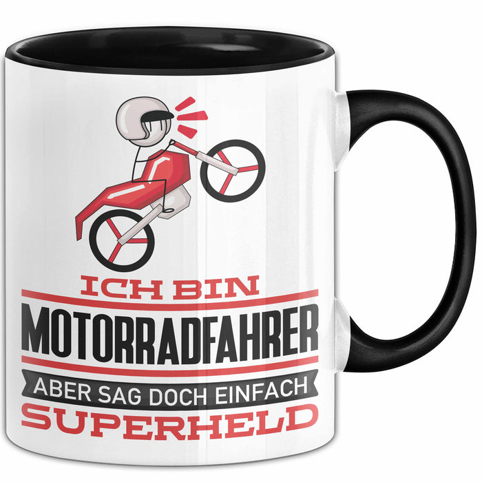 Motorradfahrer Geschenk Tasse Ich Bin Motorradfahrer Aber Sag Doch Einfach Superheld Lustige Geschenkdiee für Motorradfahrer Kaffee-Becher Schwarz Trendation