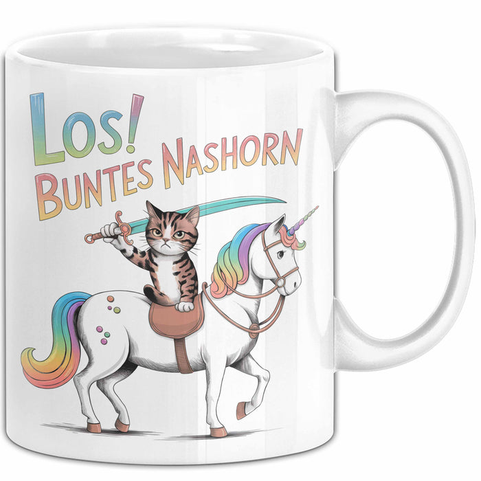 Sarkastische Katze Pferd Tasse Geschenk Buntes Nashorn Weiß Trendation
