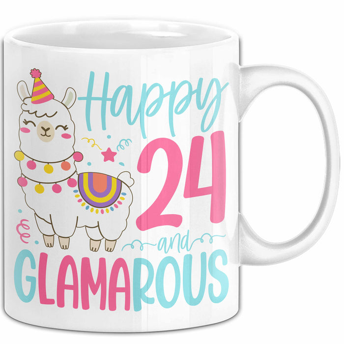 24er Geburtstag Tasse Geschenk Happy 24 And Glamarous Llama Alpaka Liebhaber Geschenkidee zum Geburtstag Weiß Trendation