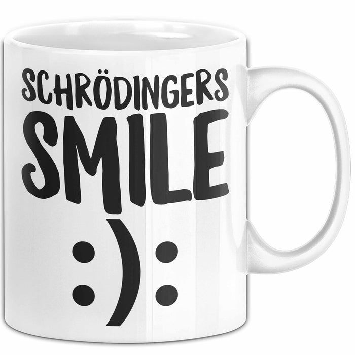 Physiklehrer Unterricht Tasse Geschenk Lustige Geschenkidee Spruch Schrödingers Smile Weiß Trendation