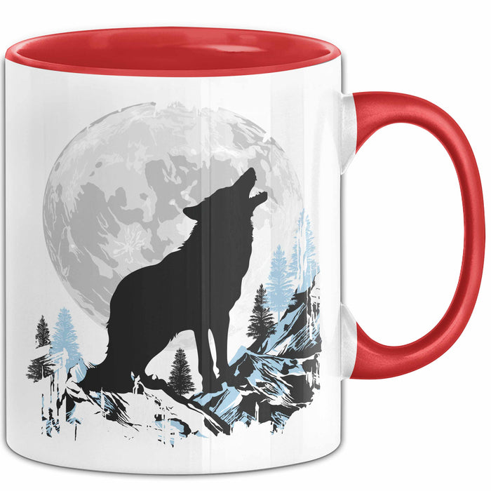 Wolf Tasse Geschenk Heulender Wolf Vollmond Grafik Geschenkidee Rot Trendation