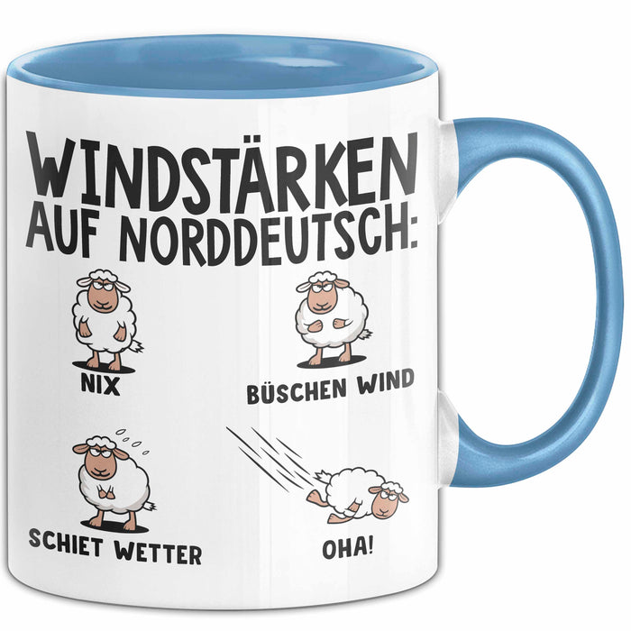 Schaf Tier Bauer Norddeutschland Tasse Becher Geschenk Lustige Geschenkidee Spruch Windstärken Auf Norddeutsch Blau Trendation