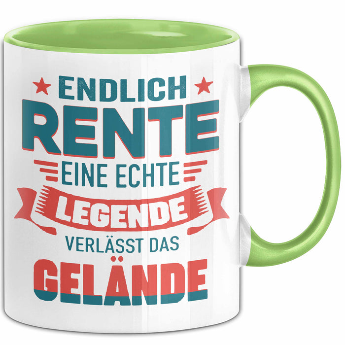 Rentner Pensionär Sarkasmus Tasse Geschenk Lustige Geschenkidee Spruch Endlich Rente Eine Echte Legende Verlässt Das Gelände Grün Trendation