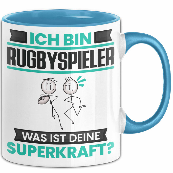 Rugbyspieler Tasse Geschenk für Rugbyspieler Geburtstag Lustiger Spruch Kaffee-Becher Was Ist Deine Superkraft Blau Trendation