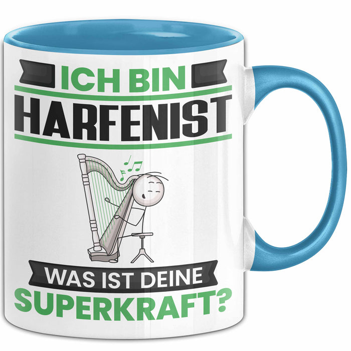 Harfenist Tasse Geschenk für Harfenist Geburtstag Lustiger Spruch Kaffee-Becher Was Ist Deine Superkraft Blau Trendation