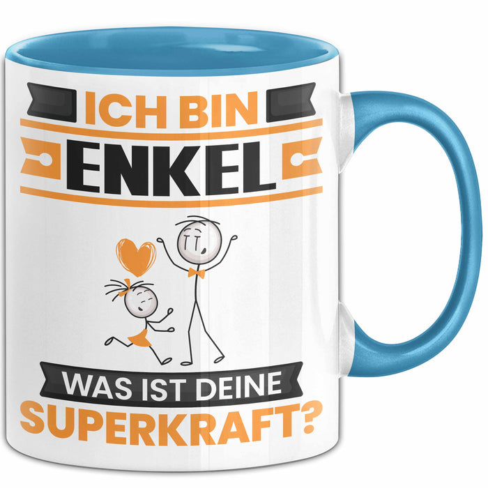 Enkel Tasse Geschenk für Enkel Geburtstag Lustiger Spruch Kaffee-Becher Was Ist Deine Superkraft Blau Trendation