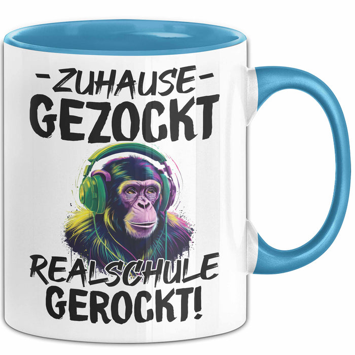 Realschule Bestanden Fachabitur Prüfung Zocker Tasse Geschenk Zuhause Gezockt Realschule Gerockt Kaffee-Becher Blau Trendation