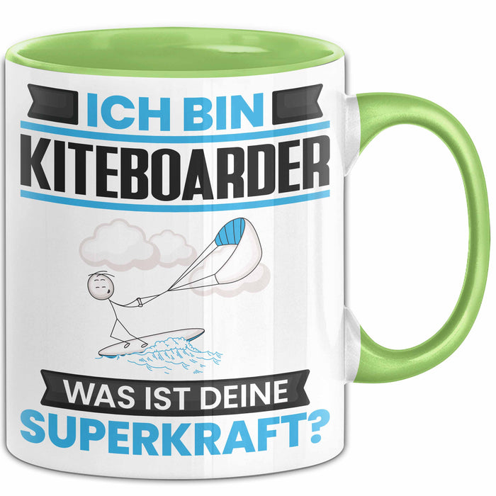 Kiteboarder Tasse Geschenk für Kiteboarder Geburtstag Lustiger Spruch Kaffee-Becher Was Ist Deine Superkraft Grün Trendation