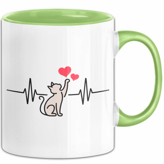 Katzen Tierliebhaber Herzschlag Tasse Geschenk Lustige Geschenkidee Spruch Grün Trendation