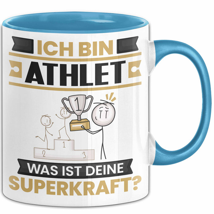 Athlet Tasse Geschenk für Athlet Geburtstag Lustiger Spruch Kaffee-Becher Was Ist Deine Superkraft Blau Trendation