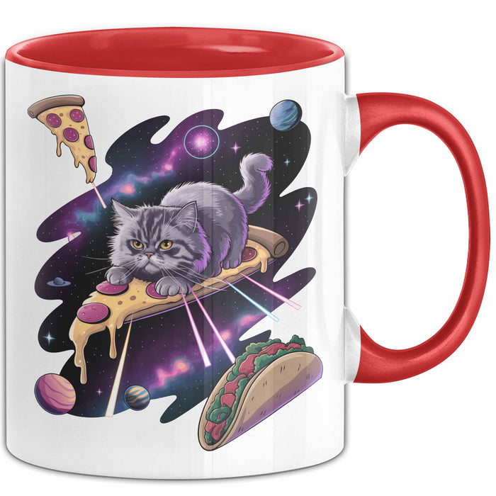 Pizzaesser Tasse Geschenk Katze isst Pizza im Weltall Lustig Rot Trendation