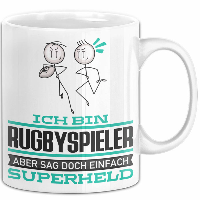 Rugbyspieler Geschenk Tasse Ich Bin Rugbyspieler Aber Sag Doch Einfach Superheld Lustige Geschenkdiee für Rugbyspieler Kaffee-Becher Weiß Trendation