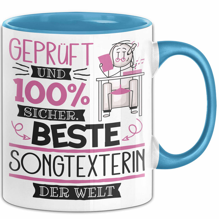 Beste Songtexterin Der Welt Tasse Geschenk für Eine Songtexterin Geprüft Und Sicher Geschenkidee Geburtstag Weihnachten Blau Trendation