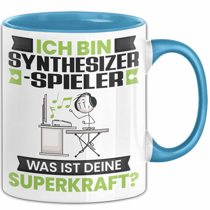 Synthesizer-Spieler Tasse Geschenk für Synthesizer-Spieler Geburtstag Lustiger Spruch Kaffee-Becher Was Ist Deine Superkraft Blau Trendation