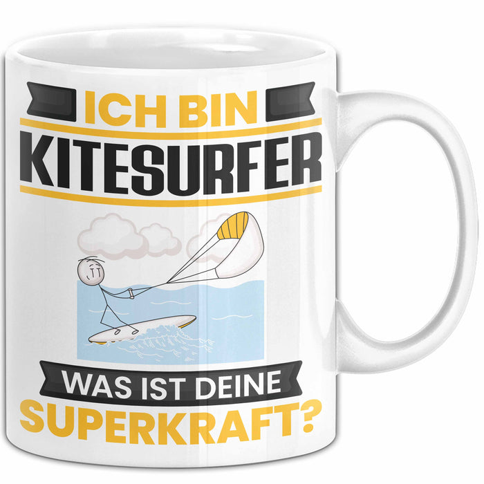 Kitesurfer Tasse Geschenk für Kitesurfer Geburtstag Lustiger Spruch Kaffee-Becher Was Ist Deine Superkraft Weiß Trendation