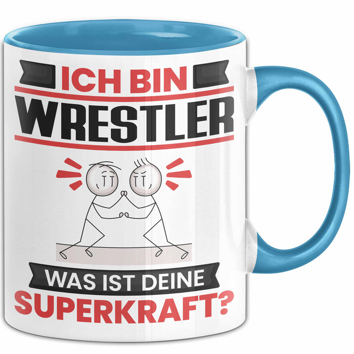 Wrestler Tasse Geschenk für Wrestler Geburtstag Lustiger Spruch Kaffee-Becher Was Ist Deine Superkraft Blau Trendation