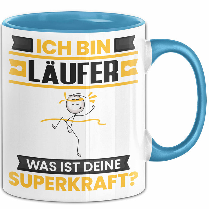 Läufer Tasse Geschenk für Läufer Geburtstag Lustiger Spruch Kaffee-Becher Was Ist Deine Superkraft Blau Trendation