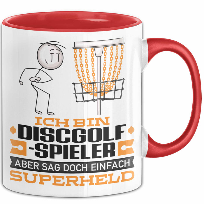 Discgolf-Spieler Geschenk Tasse Ich Bin Discgolf-Spieler Aber Sag Doch Einfach Superheld Lustige Geschenkdiee für Discgolf-Spieler Kaffee-Becher Rot Trendation