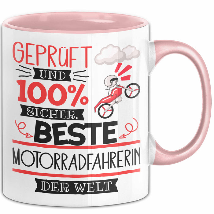 Beste Motorradfahrerin Der Welt Tasse Geschenk für Eine Motorradfahrerin Geprüft Und Sicher Geschenkidee Geburtstag Weihnachten Rosa Trendation