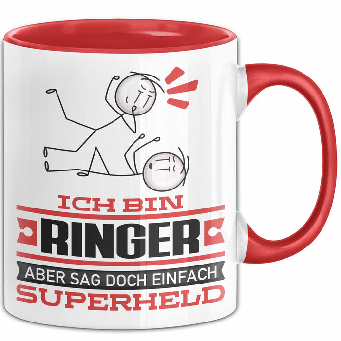 Ringer Geschenk Tasse Ich Bin Ringer Aber Sag Doch Einfach Superheld Lustige Geschenkdiee für Ringer Kaffee-Becher Rot Trendation