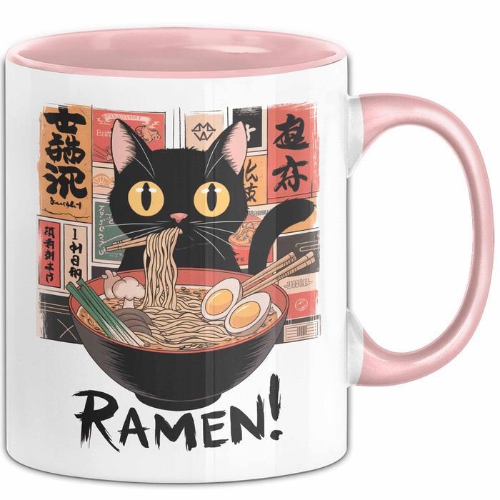 Katzen Tierliebhaber Tasse Geschenk Lustige Geschenkidee Spruch Katze Isst Ramen Nudeln Rosa Trendation